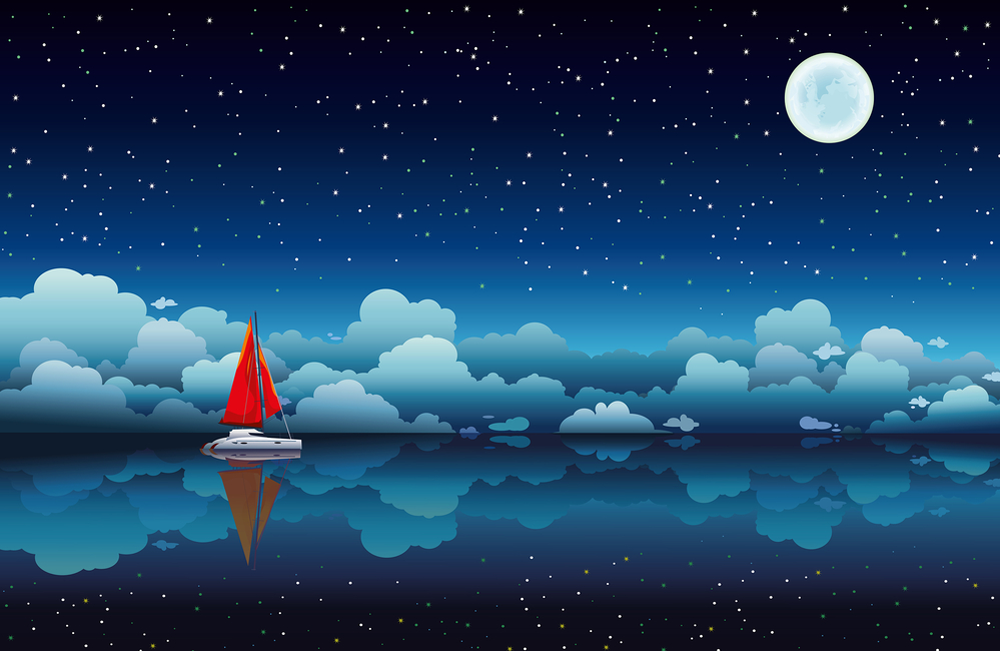 A boat swimming in the night